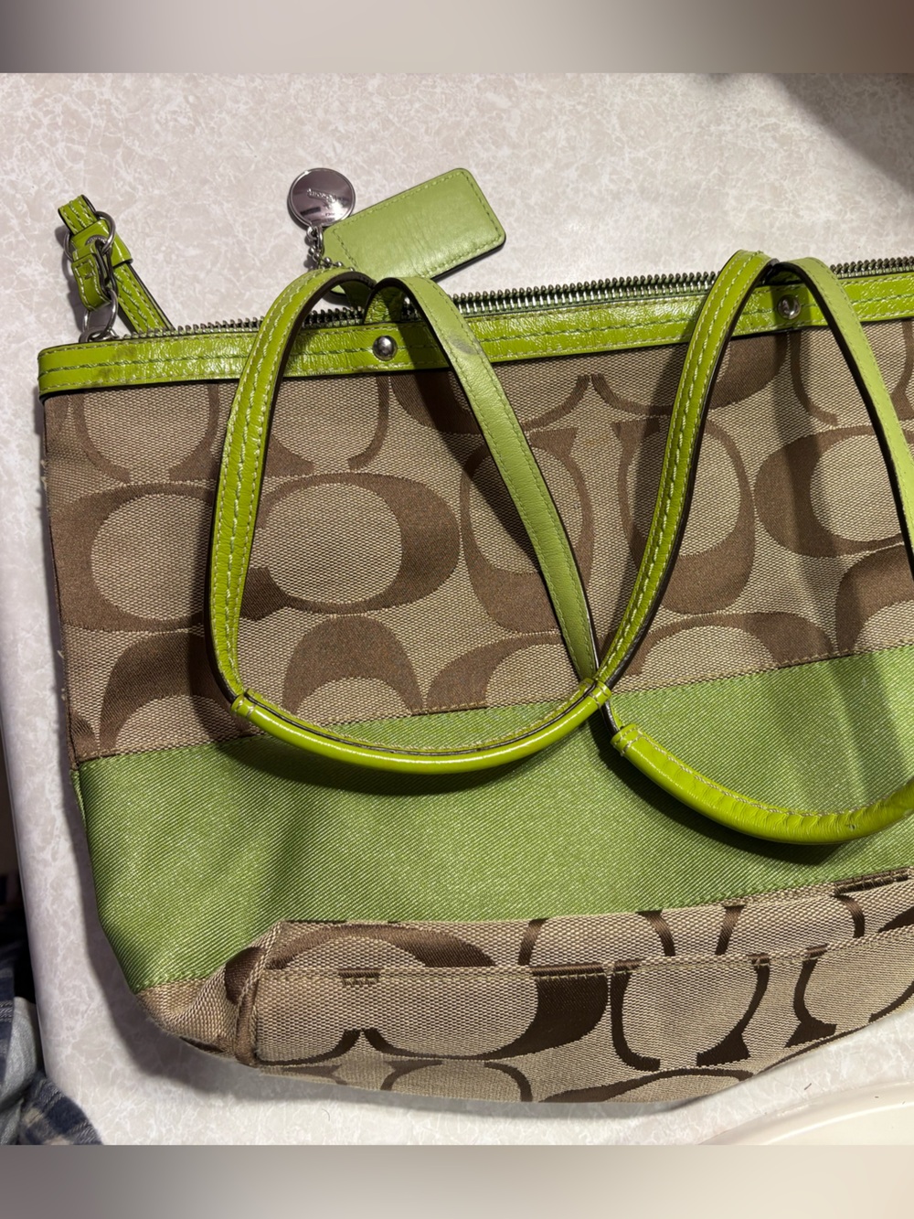 Coach Signature Canvas Shoulder Bag with Lime Green Trim